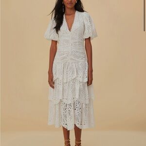 FARM Rio White Eyelet Midi Dress